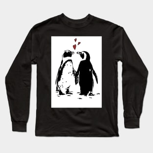 Penguins in Love Black and White Linoprint Long Sleeve T-Shirt